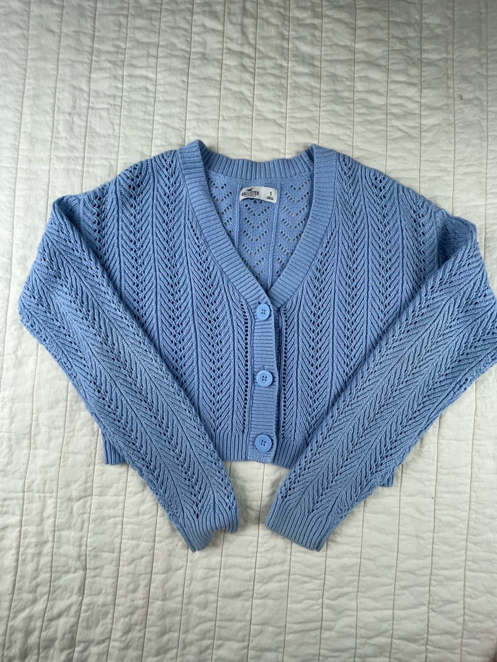 Hollister Light Blue Open-Knit Button cropped Cardigan small - Picture 6 of 6